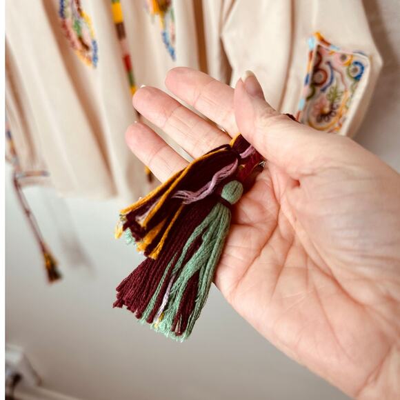 Fortela Ghodsi Tan Multicolor Beade Embroider Print Peasant Blouse 40 - Picture 6 of 16